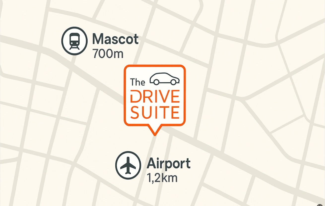 Map showing The Drive Suite location — Mascot 700m, Airport 1.2km